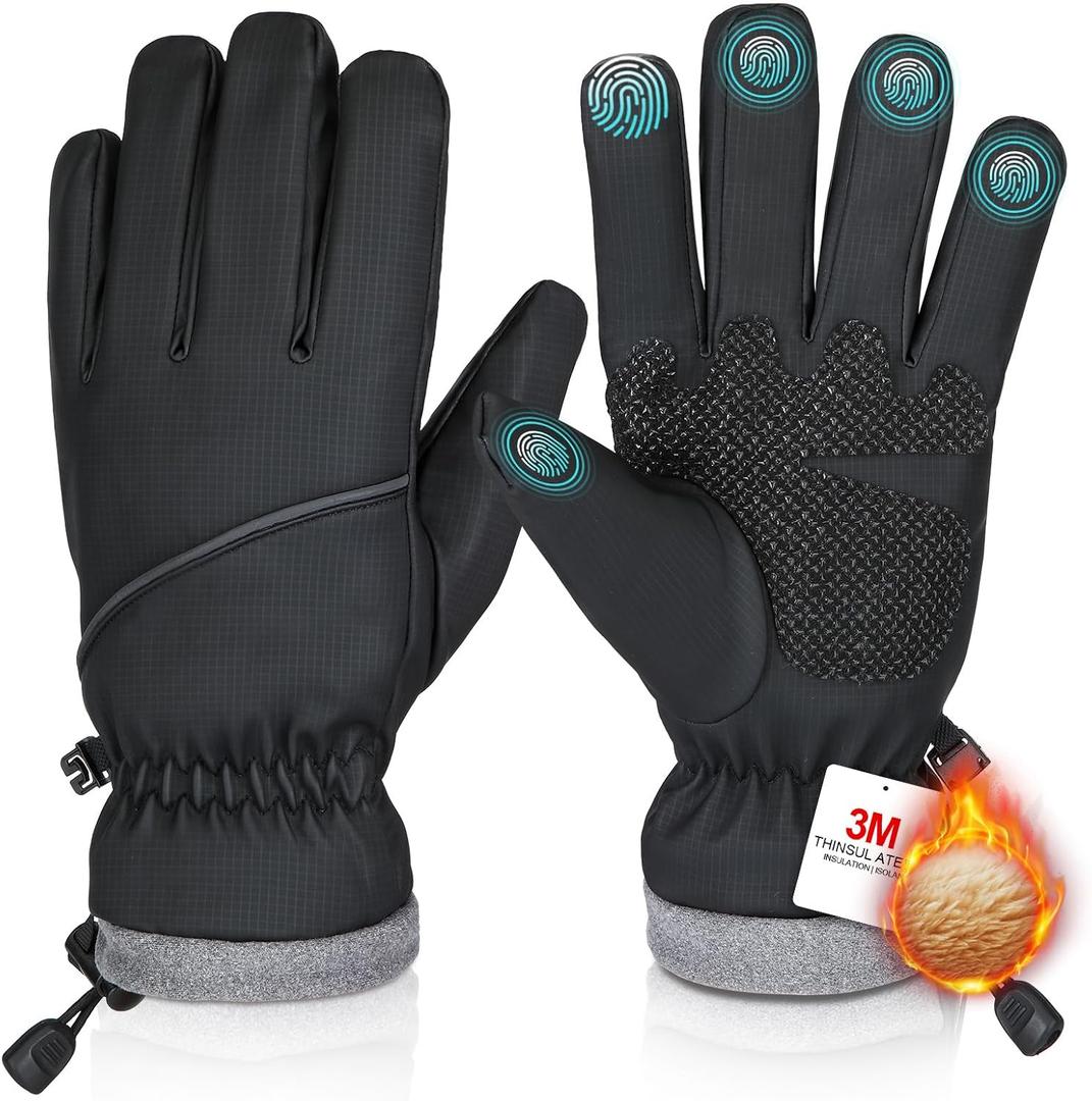 Winter Gloves Waterproof Windproof for Mens Women, Thermal Warm for Cold Weather, Grip Snow for Touch Screen Skiing Cycling Running Driving Snowboarding Fishing Outdoor (Medium, Black)