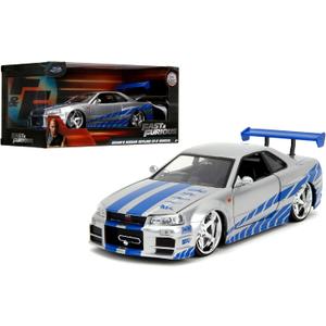 Jada Toys Fast & Furious Brians 2002 Nissan Skyline R34 Die-cast Car, 1:24 Scale, Silver & Blue,19808