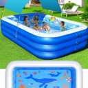 Inflatable Pool with Canopy,Upgraded Inflatable Swimming Pool for Kids,Adult,Large Inflatable Blow up Pools,Ocean Theme Oversized Thickened 105"x75"x25"Inflatable Family Pools for Backyard-Light Blue