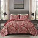 DJY Red Paisley Quilt Set Full Size Boho Quilt Bedspread Set 3 Pieces, Soft Lightweight Microfiber Coverlet Set Paisley Floral Pattern Bedding for All Season, 90''x80''