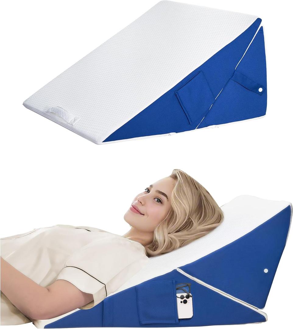 Wedge Pillow for Sleeping, 7-in-1 Adjustable Bed Wedge Pillow for Back/Leg Support, 10" & 12" Triangle Pillow Wedge Elevated Pillows for Sleeping with Handle and Washable Cover, Blue & White