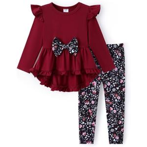 PATPAT Toddler Kids Girls 2Pcs Clothes Set Bowknot Design Ruffle Hem Long Sleeve Top and Floral Print Pant Outfits (2T, Wine Red)