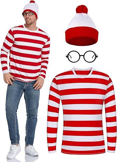 URATOT Adult Men Halloween Costume Sets Red and White Striped Tee Shirt Beanies with Nerd Glasses XXL
