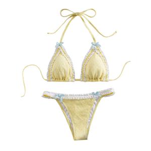 QJQ Women's 2 Piece Lace Trim Bow Tie Bikini Set Cheeky Swimsuit Cute Y2K Bathing Suits 2025 Summer Outfits Yellow Medium (M)