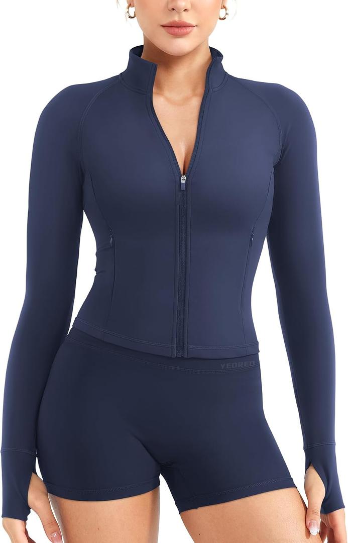 YEOREO CoreFlex Women Full Zip Workout Jacket with Pockets Thumb Hole Long Sleeve Athletic Cropped Jackets Gym Yoga Top Navy Blue-XS