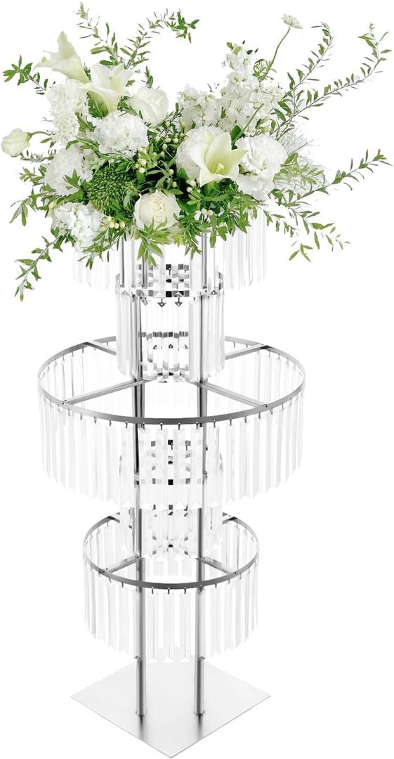 Crystal Vases for Centerpieces, Flower Stand with Hanging Crystals, 43.3" Silver Wedding Vase, 5 Tier Round Chandelier Pedestal Stand for Wedding Stage Flower Arrangement Decor (Silver, 1PC)