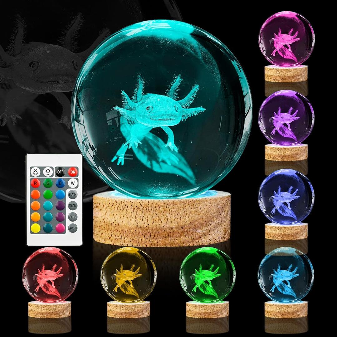 3D Axolotl Crystal Ball Night Light 3.15 inch Axolotl Glass Ball Lamp with 16 Color Changing Wooden Base and Remote Ideal Gifts for Kids Friends Birthday Christmas Room Axolotl Decor
