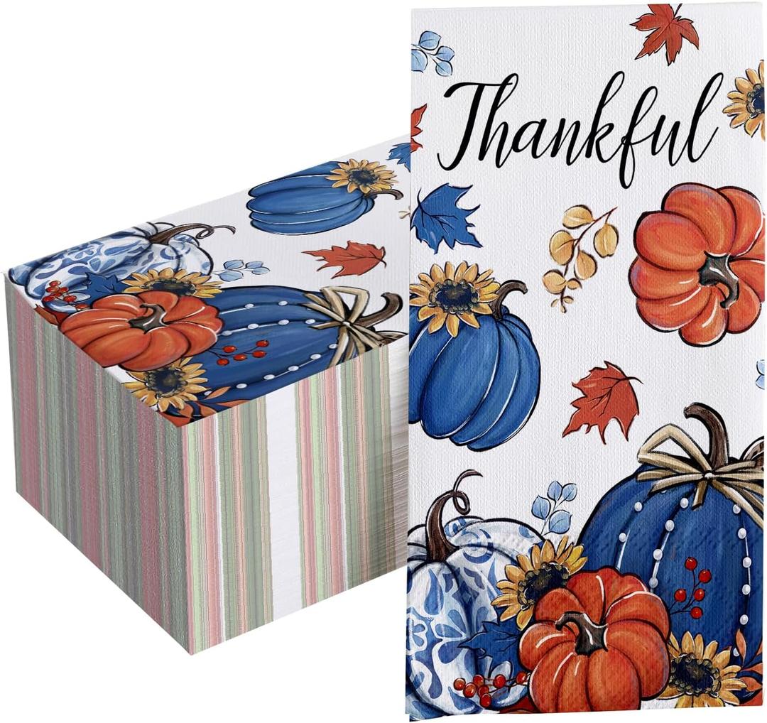 100 PCS Thanksgiving Thankful Paper Napkins, Fall Blue White Pumpkin Hand Towels Decorative Disposable Dinner Guest Napkins, Autumn Sunflower Kitchen Dinning Table Party Decor 8 x 4 Inch