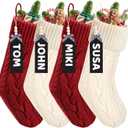 Christmas Stockings Set of 4,18" Large Personalized Knitted Red White Christmas Stockings Customized with Name Tags for Kids Holiday Xmas Family Fireplace Party Hanging Decoration Stockings Gifts