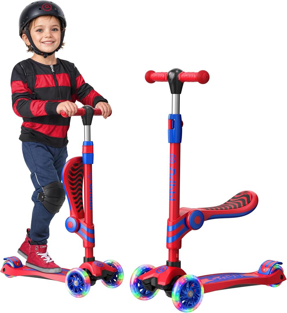 Red and Blue 3 Wheel Scooter with Seat for Kids, Light-Up Wheels, Adjustable Lean to Steer Handlebar and Seat, Smooth Wheels, Wide No-Slip Deck, Rear Foot Brake, Toddler Outdoor Toys for Ages 2+