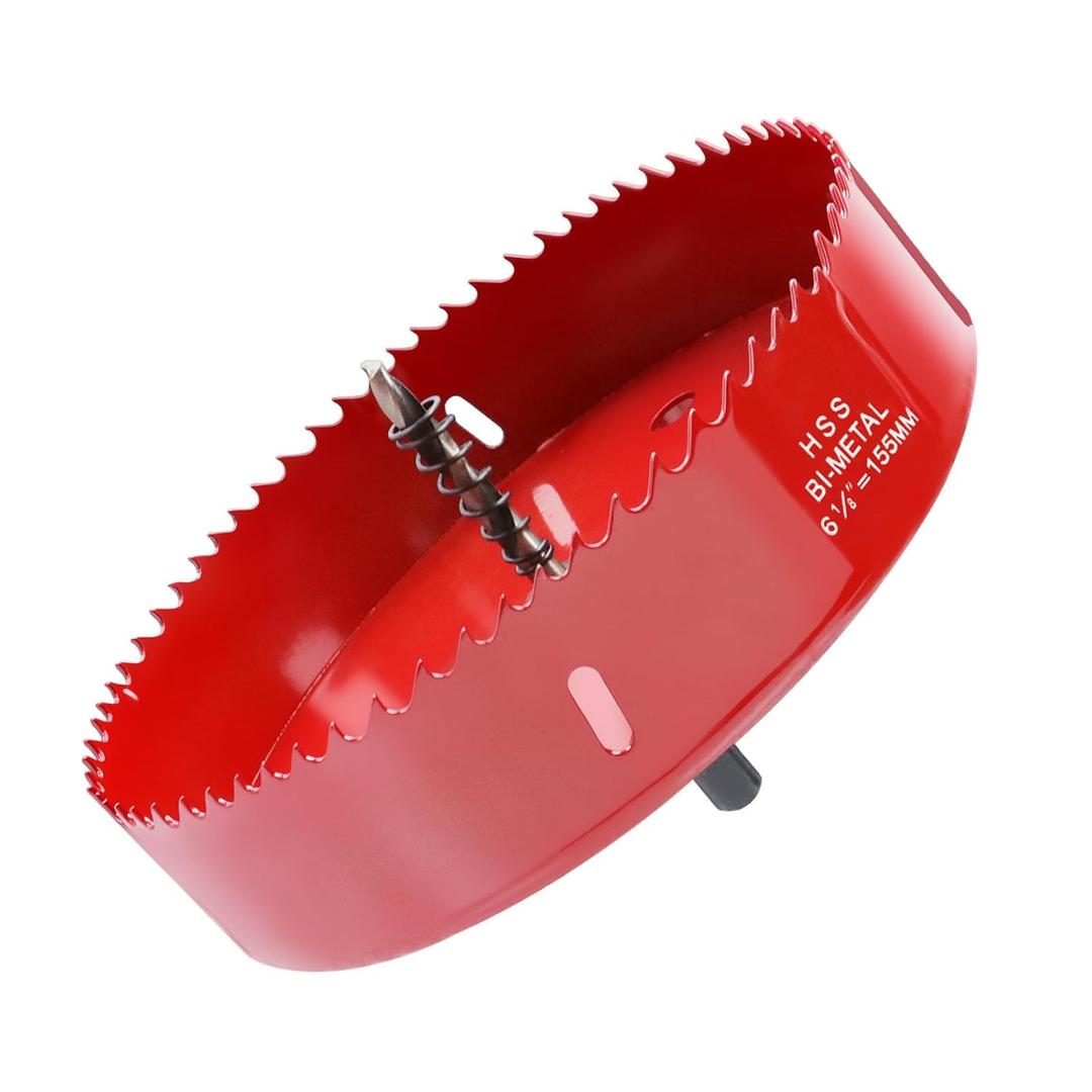6.1 Inch / 155mm Hole Saw Red with Arbor and Pilot Drill Bit, Bi-Metal Hole Cutter for Fiberboard, Wood, Drywall, Plastic, Soft Metal Sheet, PVC Board and Cornhole Boards Drilling
