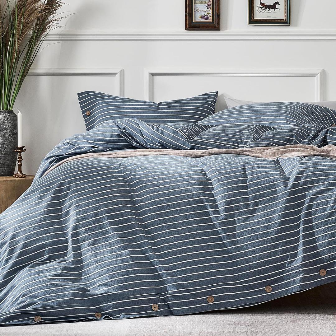 JELLYMONI Washed Cotton Duvet Cover Queen Size  Breathable & Cozy Bedding Set for Modern Homes, Dorms & Guest Rooms, Blue Striped Comforter Cover with Button Closure, 1 Duvet Cover & 2 Pillowcases (03- Blue Pinstripe)
