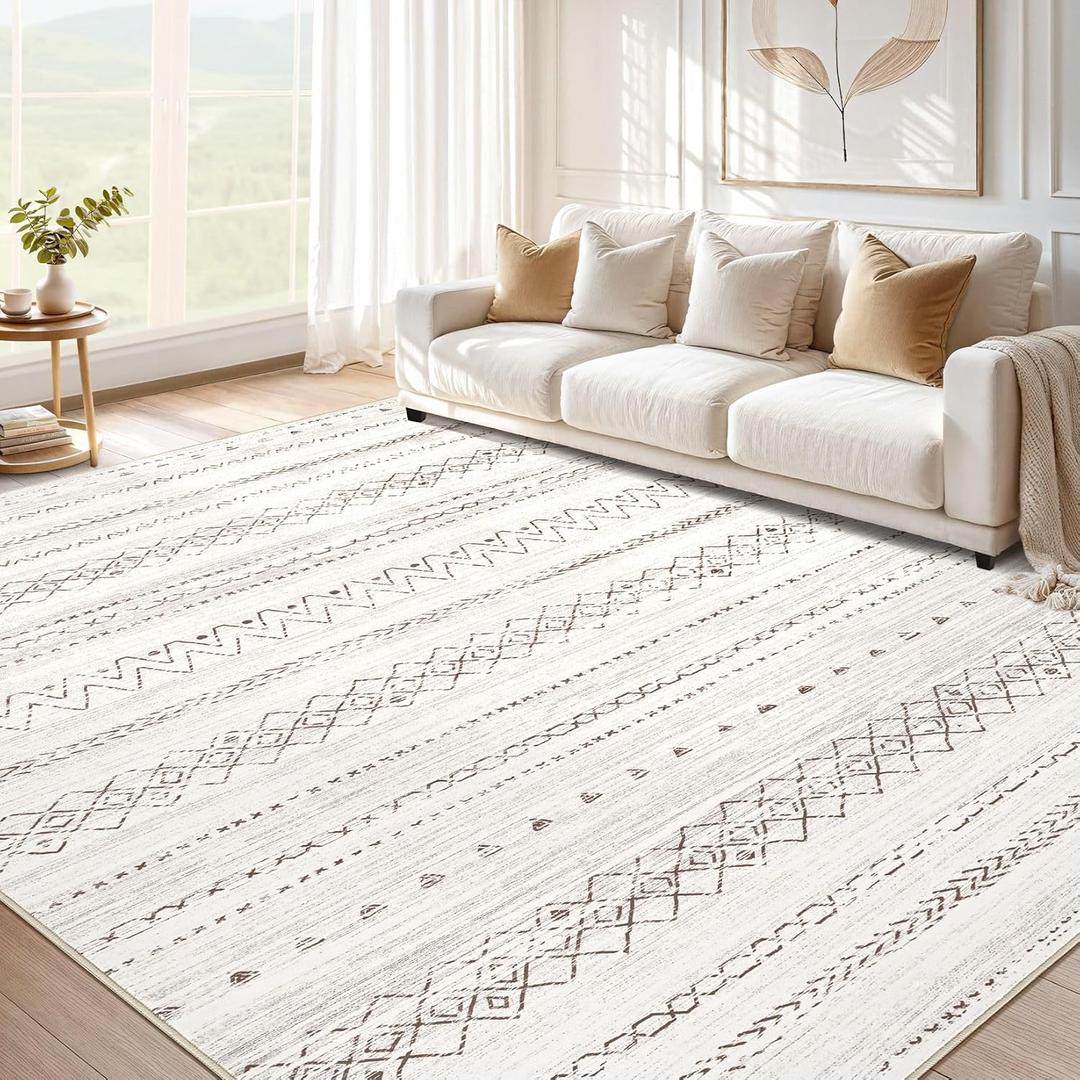 Large Living Room Area Rug 10x12: Soft Machine Washable Boho Moroccan Farmhouse Rugs for Bedroom Under Dining Table - Non-Slip Neutral Morden Indoor Floor Rug Carpet for Home Office Decor - Brown