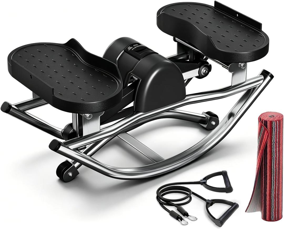 Low-Impact Rocking Steppers for Exercise at Home with Digital Display & Resistance Bands and Non-Slip Mat Equipment for Seniors & Beginners,250LBS Capacity