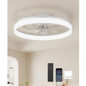 RRHG Ceiling Fans with Lights and Remote,19.7" Flush Mount Ceiling Fan with Lights,3000-6500K Dimmable and 6 Wind Speeds,Low Profile Ceiling Fan with Light for Bedroom, Kids Room（White）