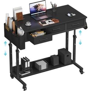 Rolling Standing Desk Adjustable Height with Drawers, 40 Inch Mobile Stand Up Portable Teacher Desks on Wheels for Classroom, Couch Sofa Side Laptop Table with Storage for Bedroom Home Office, Black