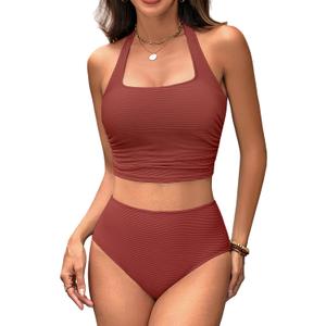 BMJL Womens High Waisted Bikini Sets Halter Two Piece Swimsuits Sporty Ribbed Tummy Control Bathing Suit, Large