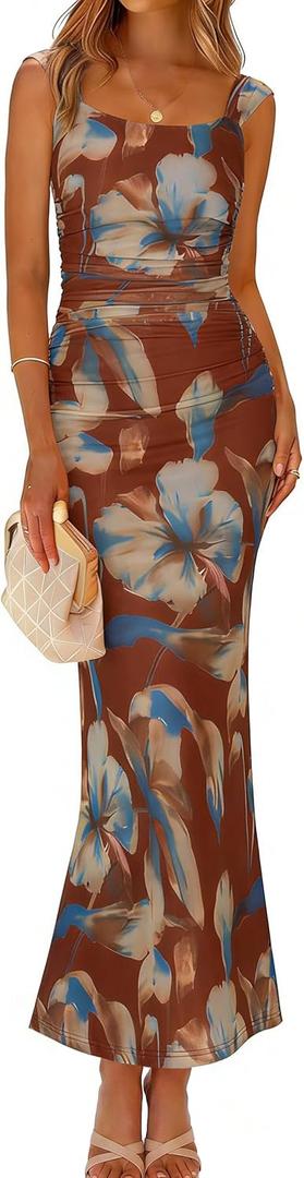 Simplee Womens Summer Wedding Guest Dress Floral Bodycon Mesh Tank Sleeveless Ruched Sexy Party Spring Formal Maxi Dress (Medium, Floral Red Brown)