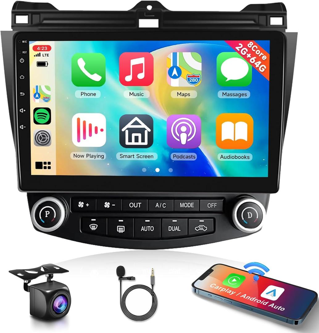 8 CORE 2G+64G Car Radio for Honda Accord 2003-2007 with Wireless CarPlay/Android Auto, Podofo 10.1 Touch Screen Stereo Android 13 GPS WiFi Bluetooth DSP SWC + HD Backup Camera