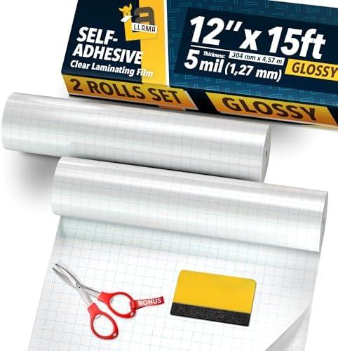 Clear Laminating Roll 12” x 15ft - 5 MIL Self Adhesive 2-Pack Glossy Laminate Roll Peel and Stick, Clear Vinyl Roll Film