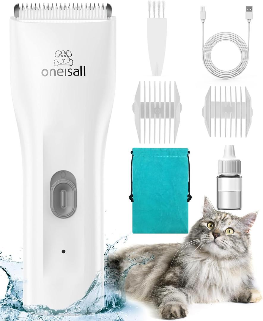 oneisall Pet Clipper for Cat Matted Hair, Pet Shaver for Cats Quiet Pet Clippers Waterproof Cordless Cat Clippers for Matted Hair Long Hair with Storage Bag (White) (Standard)