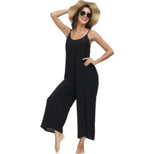 BUENOS NINOS Women's V Neck Floral Maxi Dress Boho Printed Adjustable Spaghetti Strap Ethnic Beach Long Dress with Pockets (Pure Black Jumpsuit) XL