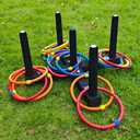 Ring Toss Game Indoor & Outdoor Game for Family and Adults with 5 Poles, 2 Bases and 16 Rings in 4 Colors, Soft Foam Toy Backyard Ring Toss Fun