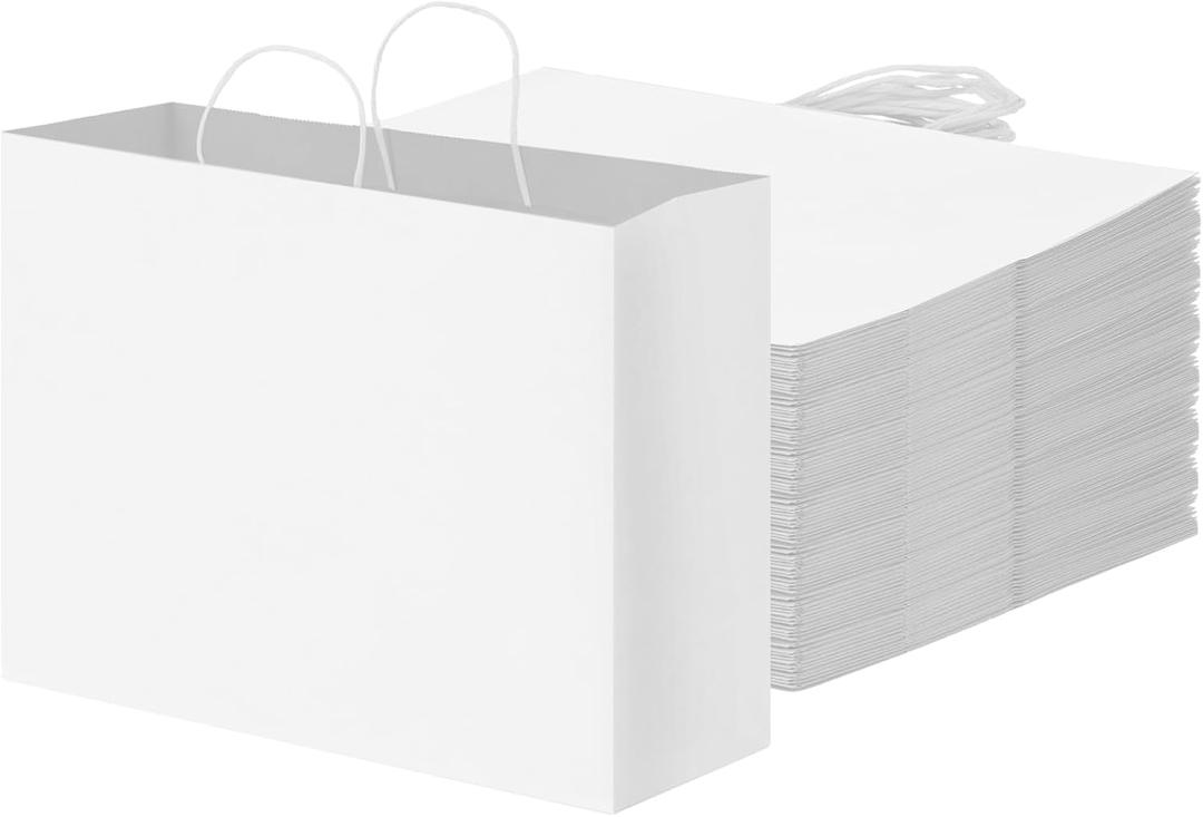 OUTUXED 60pcs 16x6x12 Inch White Paper Bags with Handles, Kraft Large Paper Gift Bags for Business, Merchandise, Gifts, Shopping, Retail Stores, Birthday Party