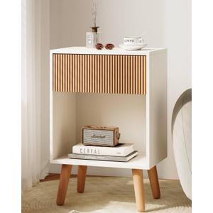 Fluted Nightstand, Modern Bedside Table with Storage Drawers and Open Wood Shelf, Night Stand with Solid Wood Legs, End Tables Side Tables for Living Room, Bedroom, 16" X 12" X 24"