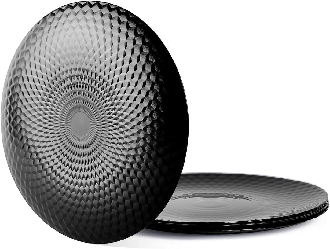10.5 inch Dinner Plate Set of 6, Round Opal Glass Black Geometric Faceted Dinnerware Plates, Dishwasher and Microwave Safe