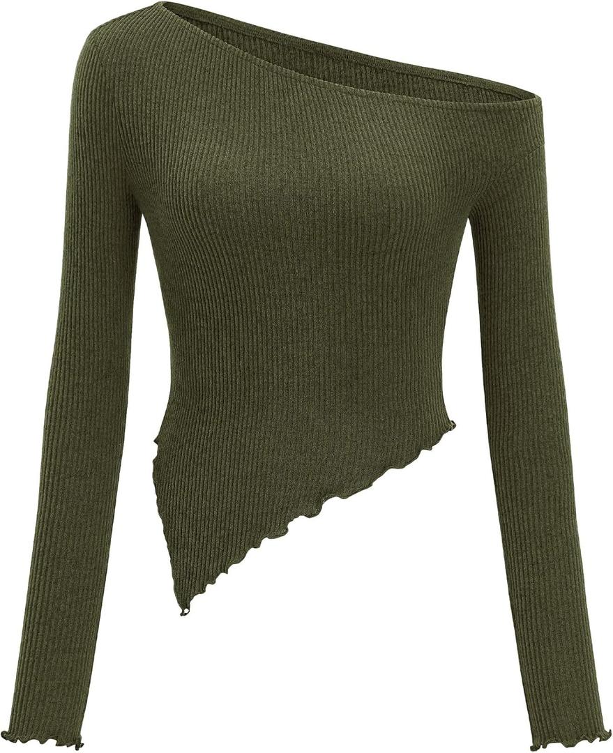 Zenlonr Women's Long Sleeve Shirts Fall Outfits 2025 Off The Shoulder Tops Asymmetrical Fitted Knit T Shirts Going Out Tops (X-Small, Army Green)