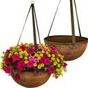 15 Inch Handmade Coco Fiber Hanging Basket 2 Pack - Hanging Planter for Outdoor Plants - Natural Boho Rustic Coconut Coir Oversize Decorative Flower Pot Holder for Porch Patio Balcony Garden, 15" Diameter