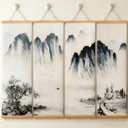 Noamus 4 Pack Landscape Painting, China Fir Wooden Frame Hanger, Chinese Traditional Wall Art, Hanging Scroll Poster Canvas Artwork, Black White Ink Decor for Bedroom Living Room Office Home(12"x38")