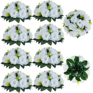 BLOSMON White Flowers for Wedding Centerpieces: 10 Pcs Artificial Roses Flower Balls for Table - Fake Silk Kissing Bouquet Floral Arrangement Center for Home Party Event Decor