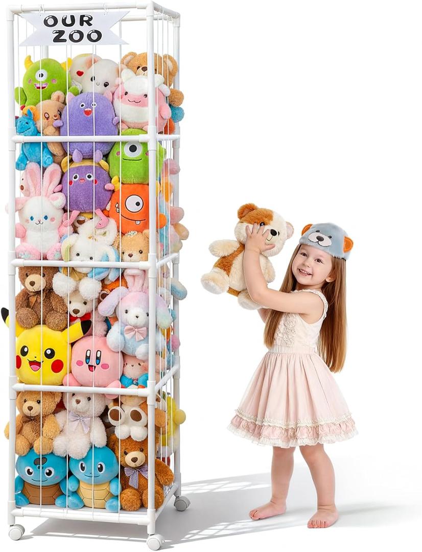 OurWarm Stuffed Animal Storage & Organizer, Heighten PVC Kids Toy Storage Organizer with Elastic Band & Shelf, Stuffed Animal Zoo Holder for Nursery Storage, Kids Room Organization, Playroom Decor
