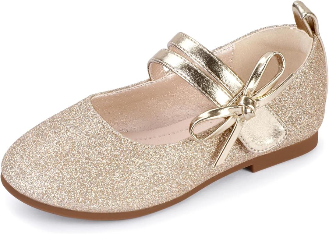 PANDANINJIA Naomi Girls Dress Shoes Mary Jane Ballet Flats Flower Girl Wedding Party Communion Shoes for Toddler Little Kid Big Kid (Gold Glitter, 1)