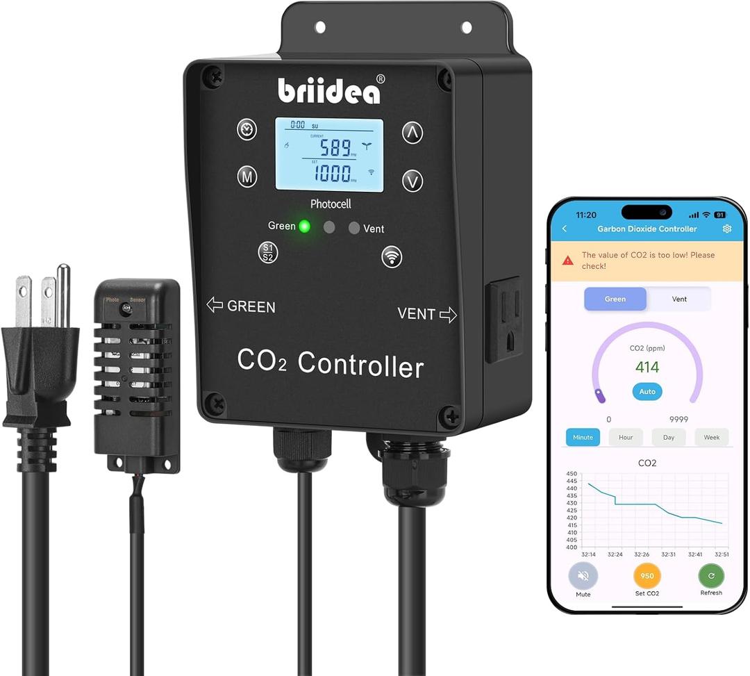 Briidea Wi-Fi CO2 Controller for Grow Tent, Two-Plug System for CO2 Regulatos and Inline Exhaust Fans, Smart Environmental WiFi-Controller to Adjusts CO2 for Grow Tents, Grow Rooms, Greenhouses