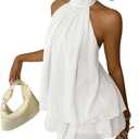 Women's Mini Backless Halter Flowy Summer Dress Ruffle Sleeveless Short Sundess A Line Cute Dresses for Womens, White, Small