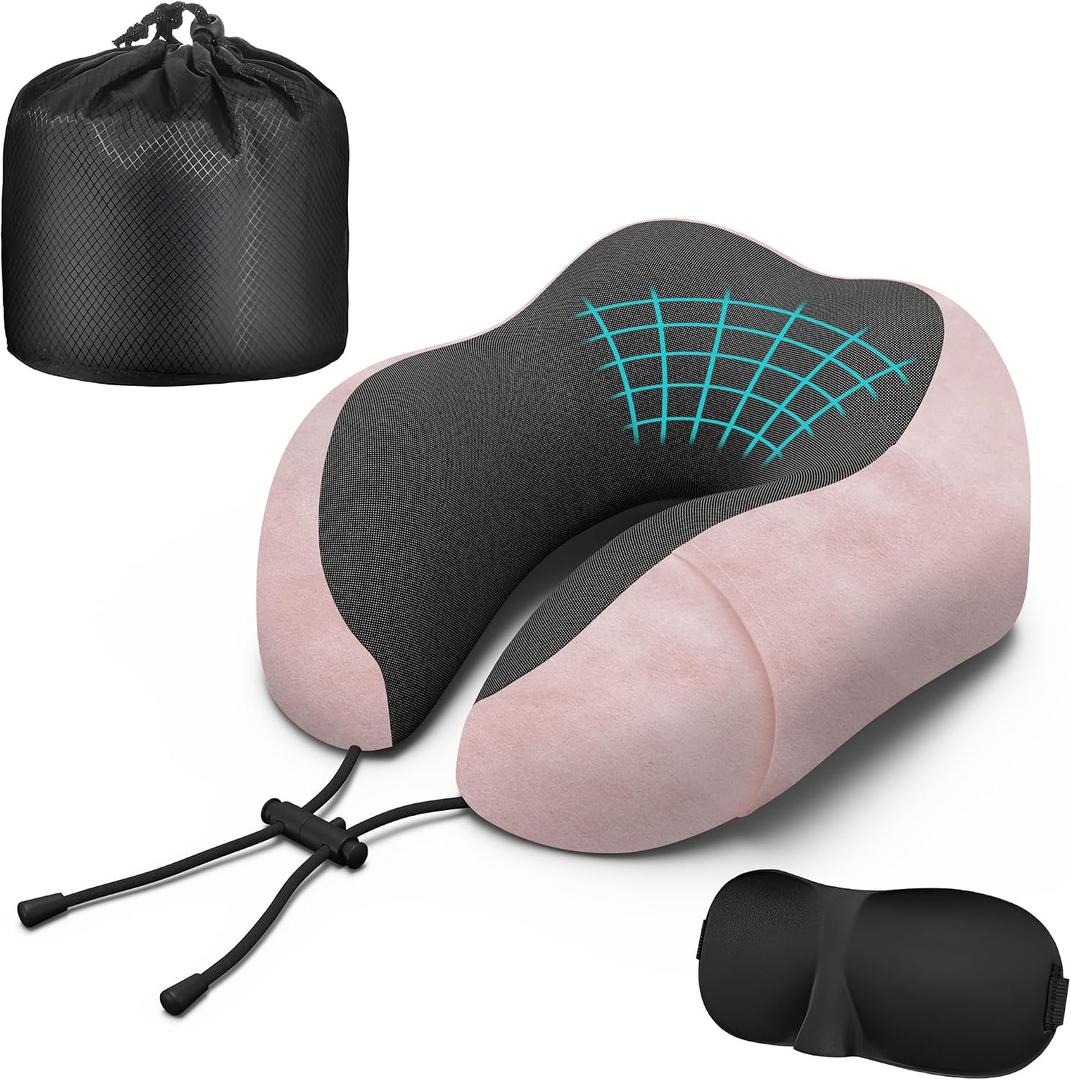 Neck Travel Pillow, Upgraded Memory Foam Pillow for Airplane, Machine Washable, Adjustable Flight Pillow, Suitable for Sleeping Airplane, Car, Office and Home (Pink)