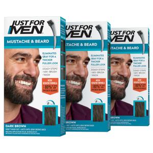 Just For Men Mustache & Beard, Beard Dye for Men with Brush Included, With Keratin Biotin Aloe and Coconut Oil for Healthy Facial Hair - Dark Brown, M-45, Pack of 3 