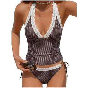Verdusa Women's 2 Piece Tankini Swimsuits Polka Dots Lace Tie Backless Halter Tops with Thong Bathing Suits L