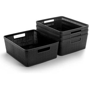 BINO | Woven Plastic Basket | Medium (Black), 4-Pack | THE JUTE COLLECTION | Home Organization, Space - Saving Storage, Stylish Design | Jute Basket | Plastic Storage Basket, 11"D x 13.5"W x 5.2"H