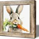 Spring Easter Wooden Box Sign, Watercolor Bunny with Carrot Desk Decor, Cute Rabbit Art Wood Sign for Home Office Shelf Farmhouse Tabletop Decor 5.9 x 5.9 Inches