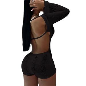 Tinodu Sexy Long Sleeve Y2K Romper for Women Backless Hollow Out Bodycon Short Jumpsuit Knitted Off Shoulder Party Club Night (S, Black)