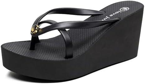 Women's Thong Wedge Platform Slides Sandals Fashion Comfort Open Round Toe Slip On Anti-Slip Chunky Heel Flip Flops Summer Pool Party Beach Walking Sandals (5, Black)
