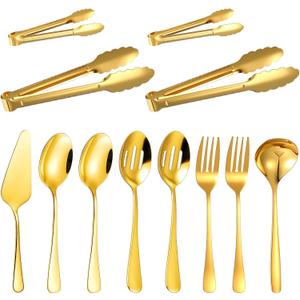 12 Pieces Gold Serving Utensils, Stainless Steel Cooking Utensils Set, Include Serving Spoons, Slotted, Spoons, Forks, 2 Sizes Tongs, Soup Ladle and Pie Cake Server for Kitchen Restaurants Buffet