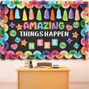 Qilery Motivational Classroom Bulletin Board Decoration Amazing Things Happen Here Bulletin Board Cutouts Macaron Paper Fans Garlands Tassel for School Preschool Elementary Chalkboard Decor