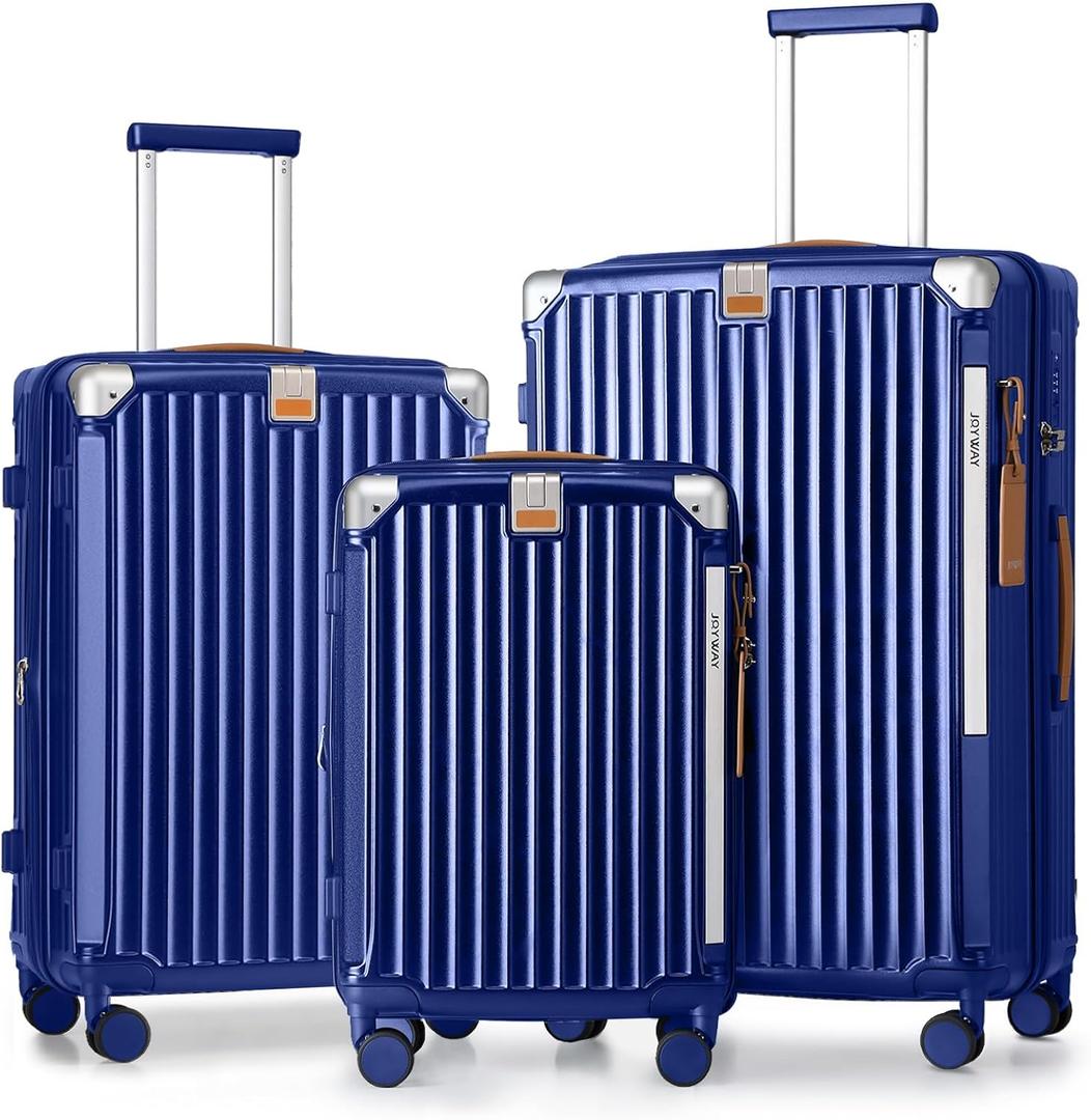Joyway Luggage Sets 3 Piece, Expandable Suitcase with Smart Cup Holder and USB Port, Hardside Carry On Checked with TSA Lock Spinner Double Wheels, Blue (3 piece set (20/24/28inch NEW))