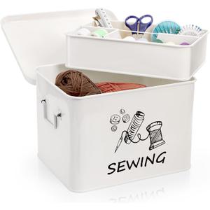 ZOOFOX Sewing Box with Removable Tray, Metal Sewing Box Organizer with Side Handles, Large White Farmhouse Sewing Basket for Sewing Supplies, Beads and Jewelry Making, Christmas Gifts