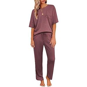 JiniGolla Womens Pajama Sets Waffle Knit Short Sleeve Shirt with Long Pajama Pants Soft Sleepwear Pj Lounge Sets, XXL